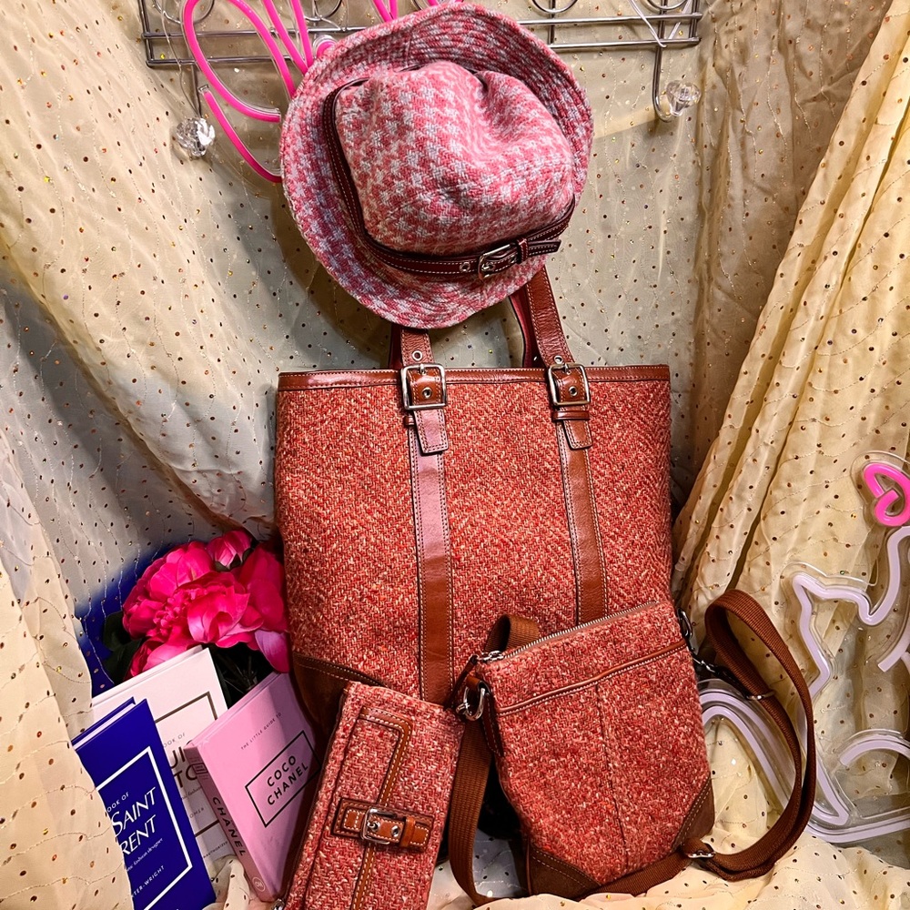 Coach 4 Piece Vintage Pink and Brown Tote Bag, Wallet, Crossbody and Hat